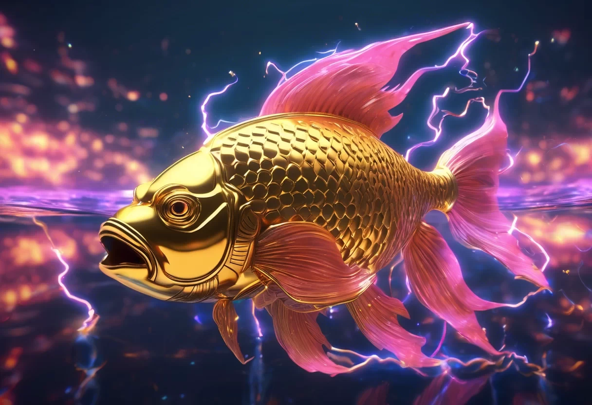 Mystical growing crescendos music 4	Huge divine golden fish in ocean, shining horn, godly form of Vishnu