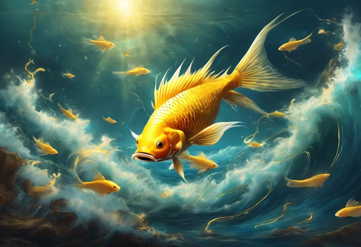 Mystical growing crescendos music 4	Huge divine golden fish in ocean, shining horn, godly form of Vishnu