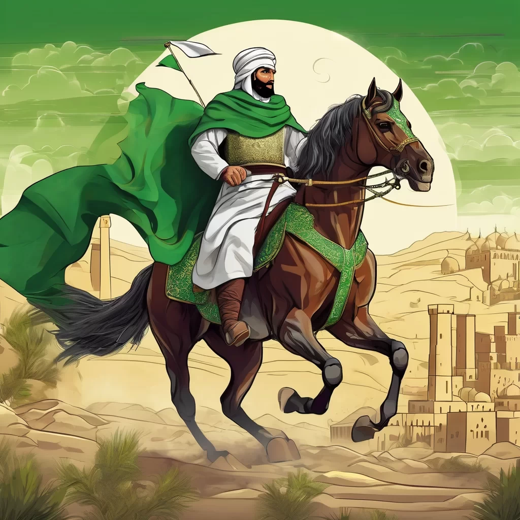 A majestic historical illustration of Salah ad-Din al-Ayyubi, the great Islamic leader, riding a strong Arabian horse.  He is wearing traditional Islamic warrior armor with a green banner symbolizing Islam.  The background shows a medieval battlefield near Jerusalem, with a glowing sky that gives a divine and heroic atmosphere.  Highly detailed, realistic, epic lighting, cinematic style, historical accuracy, Islamic art inspiration.