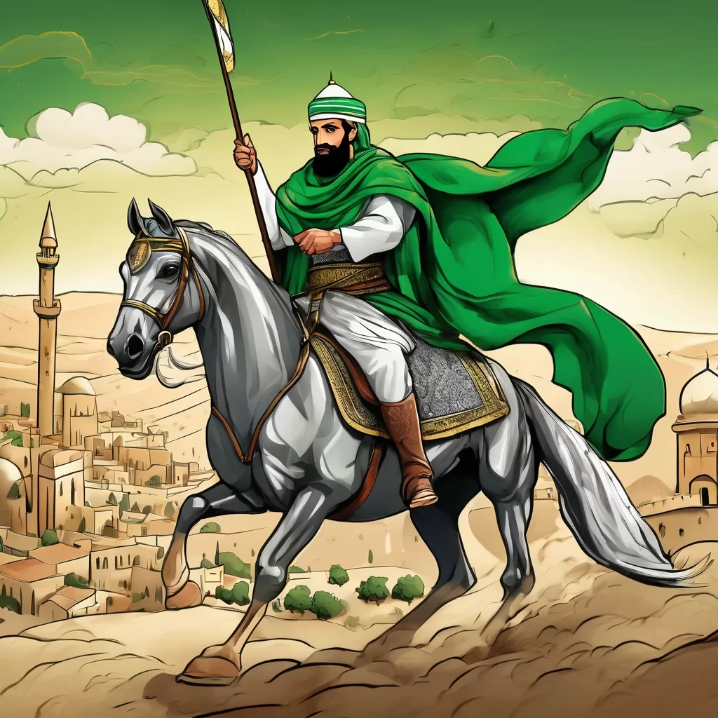 A majestic historical illustration of Salah ad-Din al-Ayyubi, the great Islamic leader, riding a strong Arabian horse.  He is wearing traditional Islamic warrior armor with a green banner symbolizing Islam.  The background shows a medieval battlefield near Jerusalem, with a glowing sky that gives a divine and heroic atmosphere.  Highly detailed, realistic, epic lighting, cinematic style, historical accuracy, Islamic art inspiration.