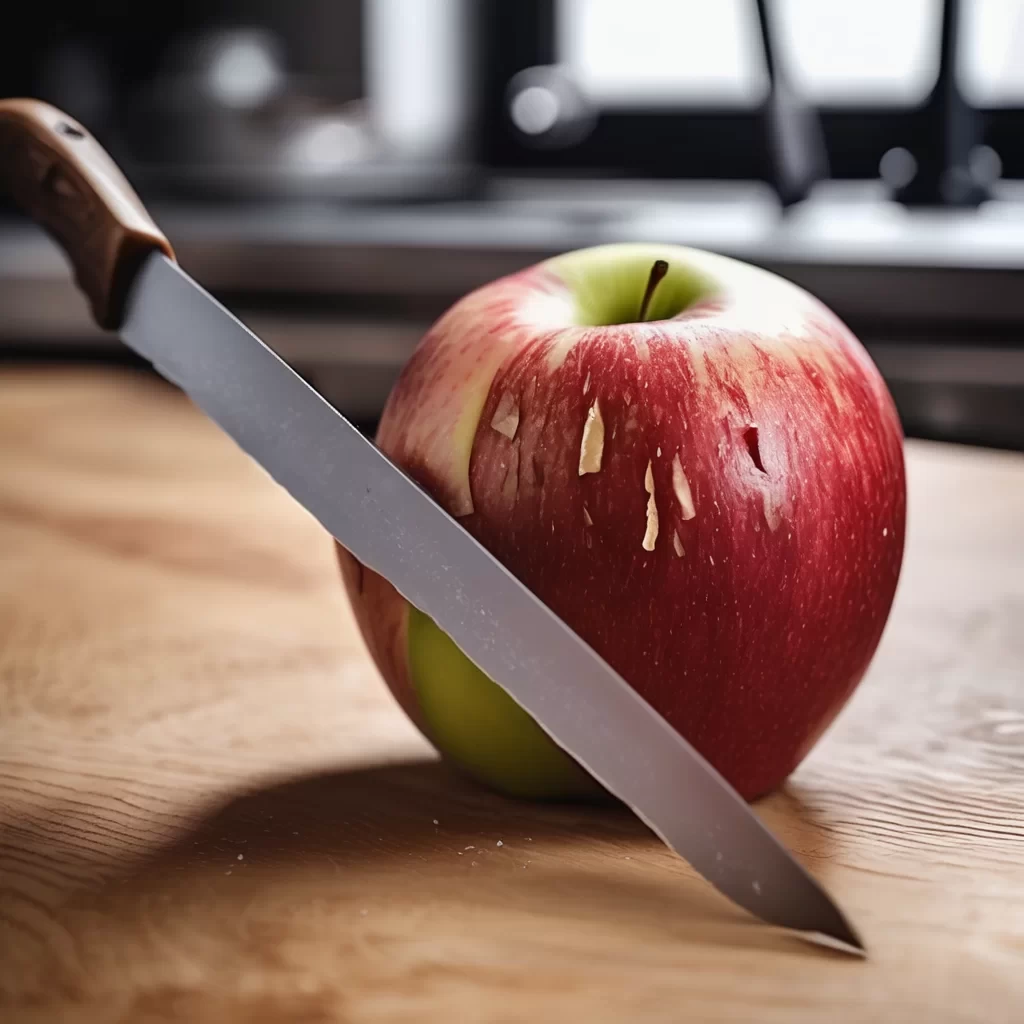 Ultra close up asmr of a sharp knife slowly slickig into a fresh textured apple capture the crise sound of the peel breaking, the soft crackle of the and the gentle thun on the wooden cutting board no music Just pure natural kitchen sound