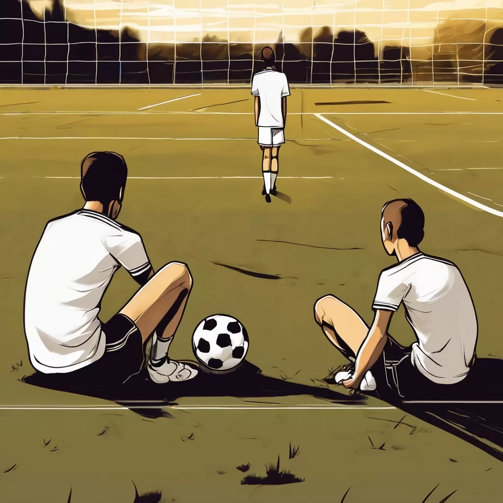 Create a realistic image of a soccer field in the late afternoon, illuminated by golden light, showing the two models in full view, seen from parallel sides and face to face, slightly apart. The "me from today" sits on the ground with his back against a wall, looking sadly at the "me from before," and the "me from before" (young) looks at him with horror. Preserve every facial feature, physique, clothing, and morphological detail of the two models. Realistic decoration: soccer field lawn goal cage