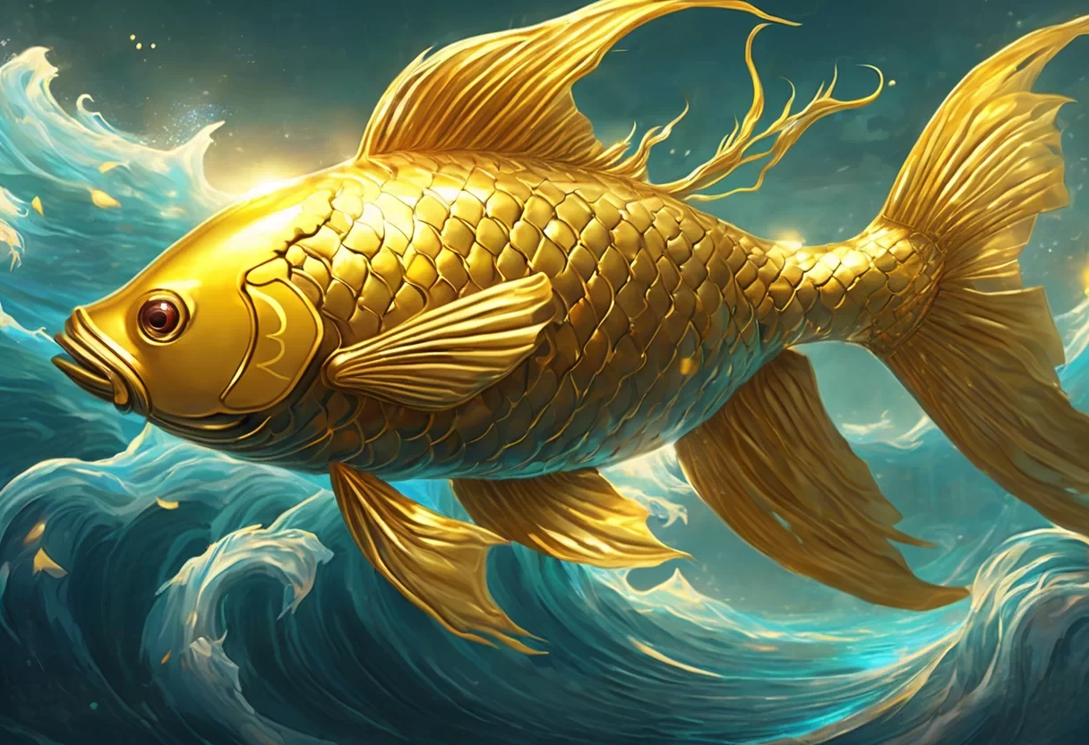 Mystical growing crescendos music 4	Huge divine golden fish in ocean, shining horn, godly form of Vishnu