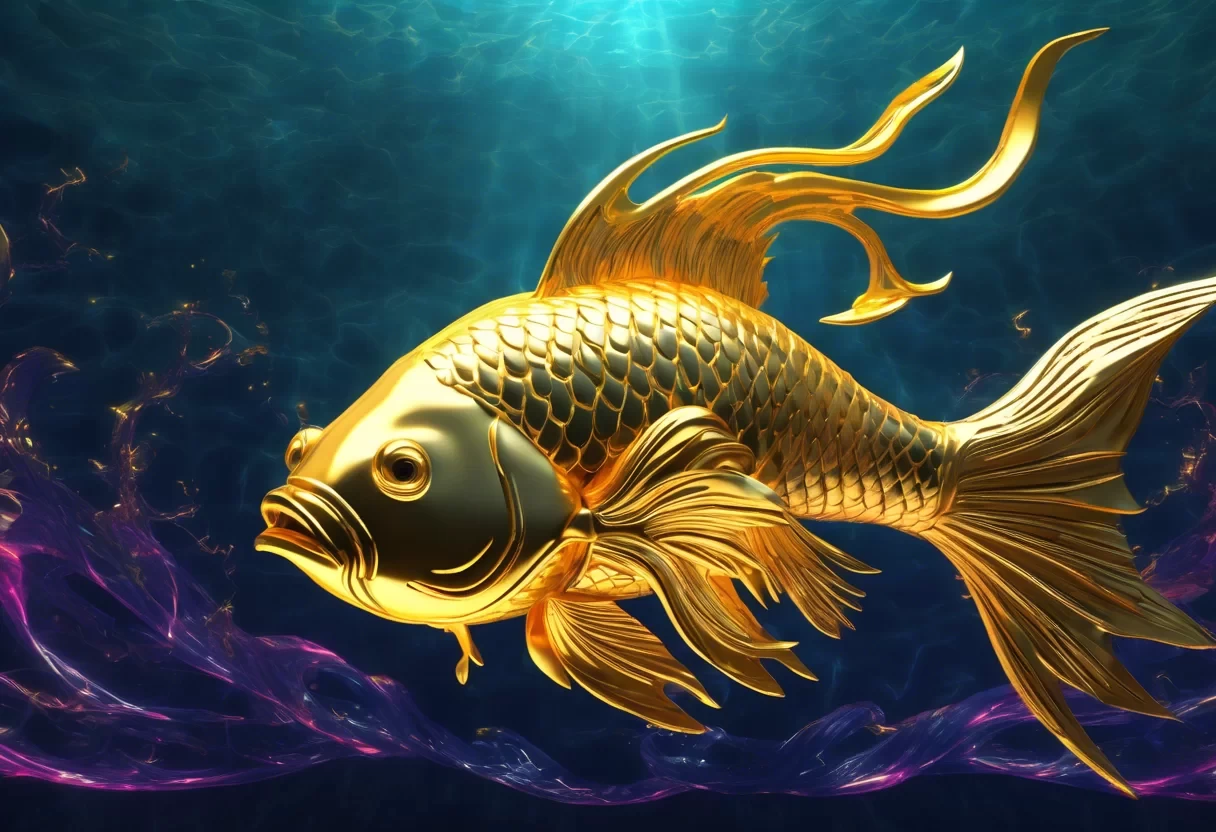 Mystical growing crescendos music 4	Huge divine golden fish in ocean, shining horn, godly form of Vishnu