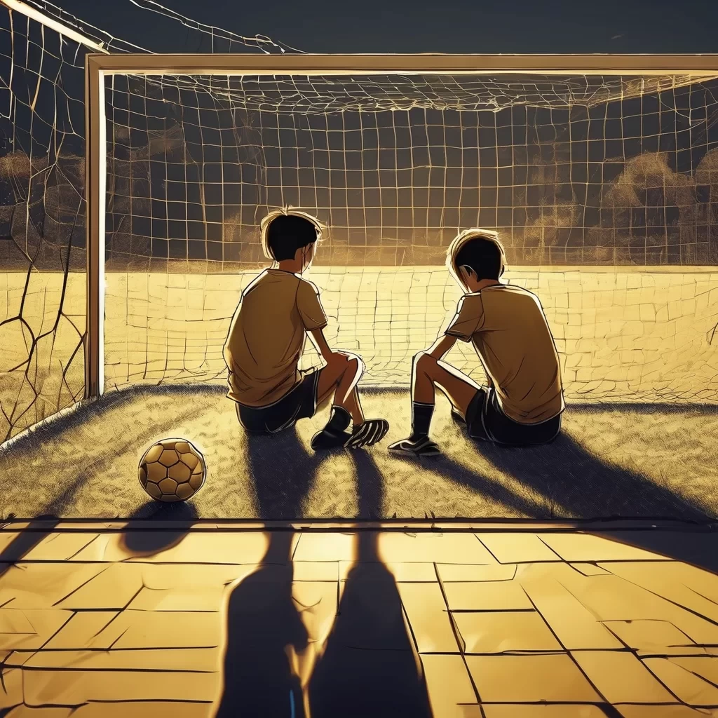 @maina!!🎃: Create a realistic image of a soccer field in the late afternoon, illuminated by golden light, showing the two models in full view, seen from parallel sides and face to face, slightly apart. The "me from today" sits on the ground with his back against a wall, looking sadly at the "me from before," and the "me from before" (young) looks at him with horror. Preserve every facial feature, physique, clothing, and morphological detail of the two models. Realistic decoration: soccer field