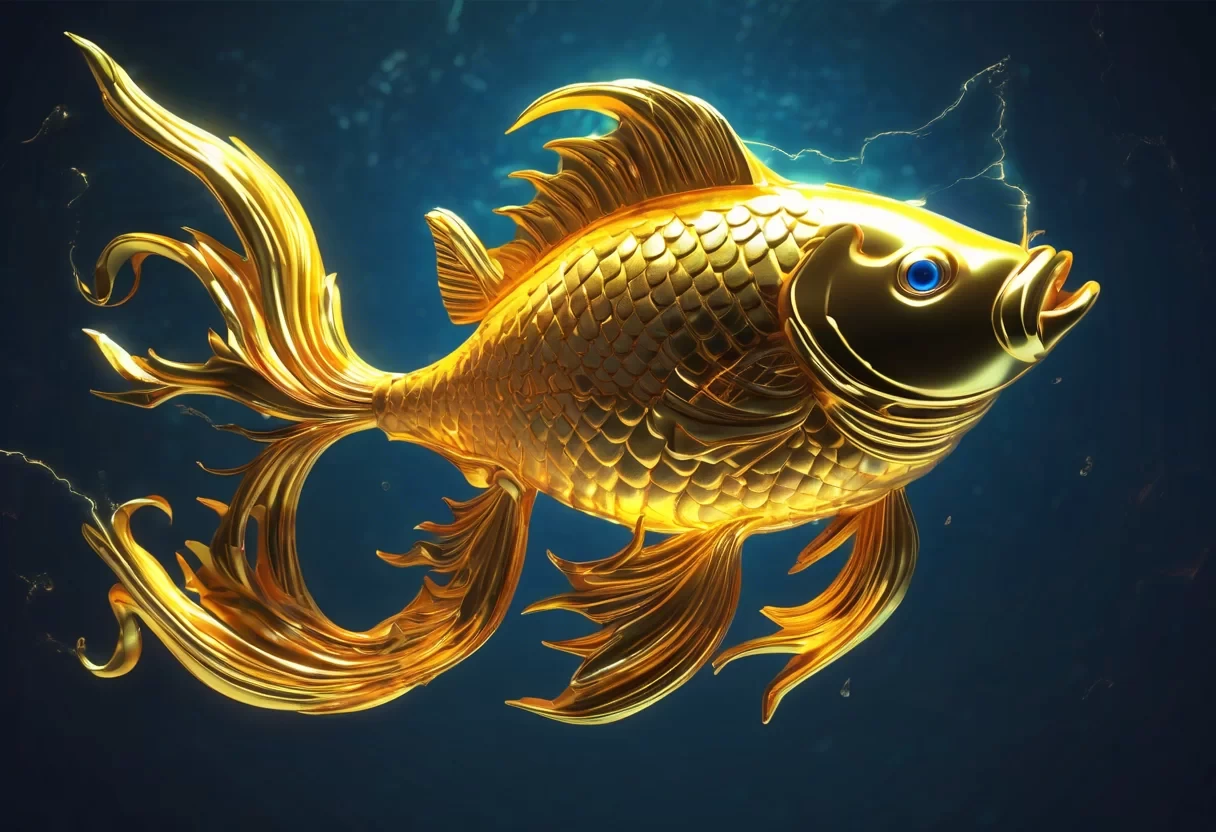 Mystical growing crescendos music 4	Huge divine golden fish in ocean, shining horn, godly form of Vishnu