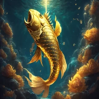 Mystical growing crescendos music 4	Huge divine golden fish in ocean, shining horn, godly form of Vishnu