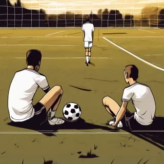 Create a realistic image of a soccer field in the late afternoon, illuminated by golden light, showing the two models in full view, seen from parallel sides and face to face, slightly apart. The "me from today" sits on the ground with his back against a wall, looking sadly at the "me from before," and the "me from before" (young) looks at him with horror. Preserve every facial feature, physique, clothing, and morphological detail of the two models. Realistic decoration: soccer field lawn goal cage
