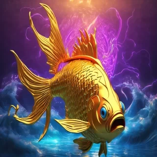 Mystical growing crescendos music 4	Huge divine golden fish in ocean, shining horn, godly form of Vishnu