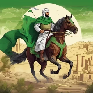 A majestic historical illustration of Salah ad-Din al-Ayyubi, the great Islamic leader, riding a strong Arabian horse.  He is wearing traditional Islamic warrior armor with a green banner symbolizing Islam.  The background shows a medieval battlefield near Jerusalem, with a glowing sky that gives a divine and heroic atmosphere.  Highly detailed, realistic, epic lighting, cinematic style, historical accuracy, Islamic art inspiration.