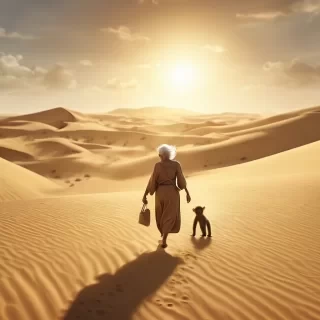 cinematic wide shot of a vast golden desert under a blazing sun, wind blowing sand across dunes, an elderly woman walking slowly with a small monkey following her footsteps, heat shimmer in the air, highly detailed, 4K, realistic movement, warm tones, storytelling mood.