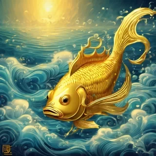 Mystical growing crescendo music 4	Huge divine golden fish in ocean, shining horn, godly form of Vishnu