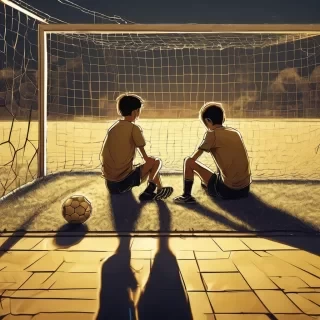 @maina!!🎃: Create a realistic image of a soccer field in the late afternoon, illuminated by golden light, showing the two models in full view, seen from parallel sides and face to face, slightly apart. The "me from today" sits on the ground with his back against a wall, looking sadly at the "me from before," and the "me from before" (young) looks at him with horror. Preserve every facial feature, physique, clothing, and morphological detail of the two models. Realistic decoration: soccer field