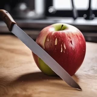Ultra close up asmr of a sharp knife slowly slickig into a fresh textured apple capture the crise sound of the peel breaking, the soft crackle of the and the gentle thun on the wooden cutting board no music Just pure natural kitchen sound