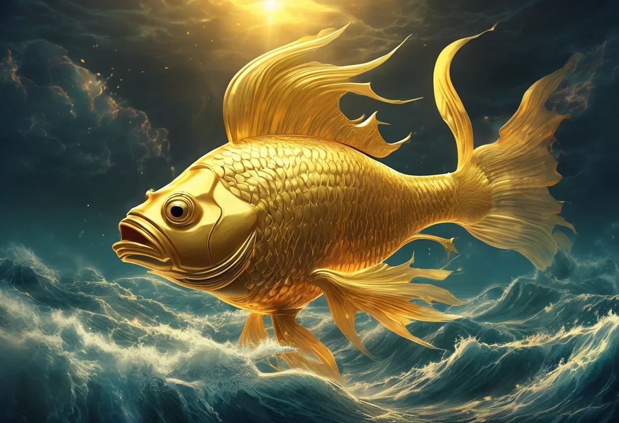 Mystical growing crescendos music 4	Huge divine golden fish in ocean, shining horn, godly form of Vishnu